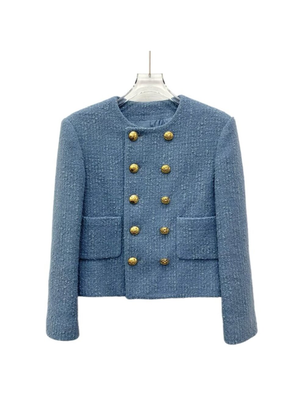 Celine Blue Wool Double-Breasted Round-Neck Tweed Knit Jacket